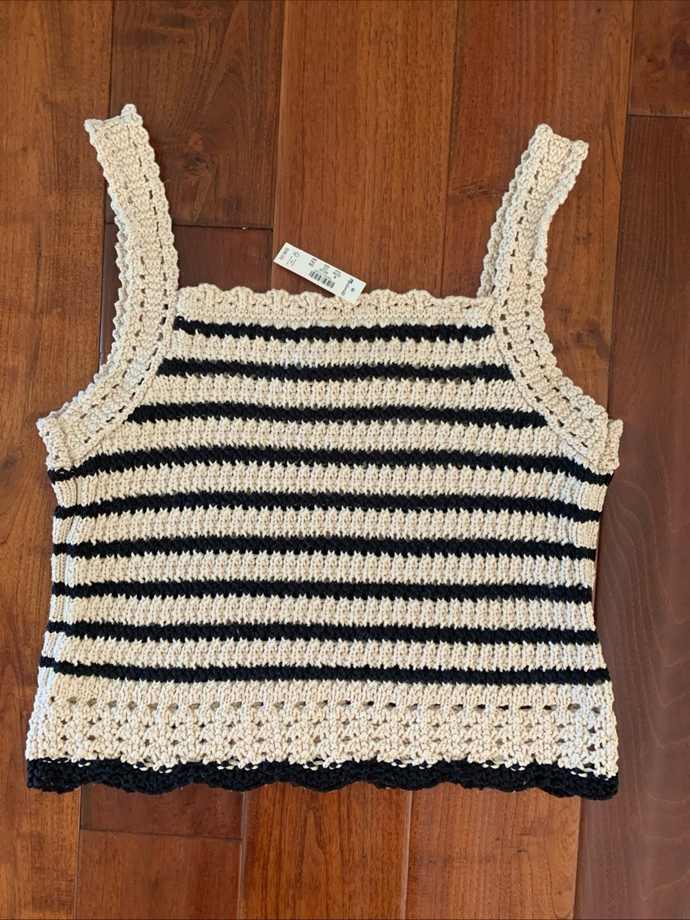 MADEWELL Sweater Tank Size M Crochet-Stitch Cotton Black Tan Cottagecore BOHO 🆕 - Picture 2 of 15